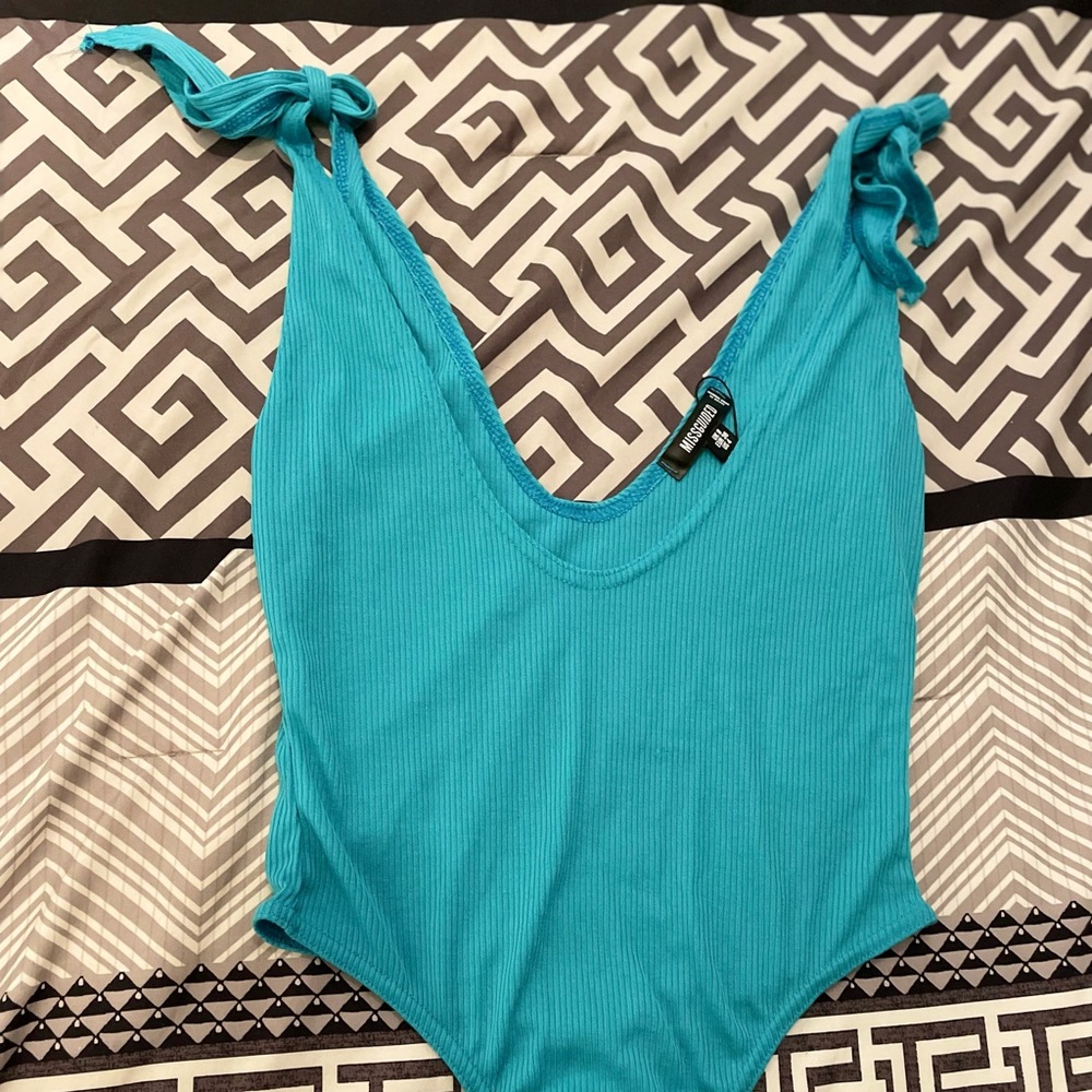 Missguided petite blue rib tie shoulder plunge bodysuit. Size us 4